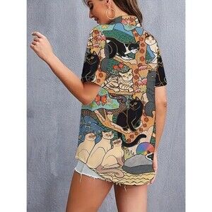 Vintage Cat Print Mesh Shirt Graphic All Over Tee Retro Whimsical Feline Art NEW